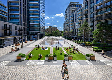 An exterior image of the Green Space available at London Dock