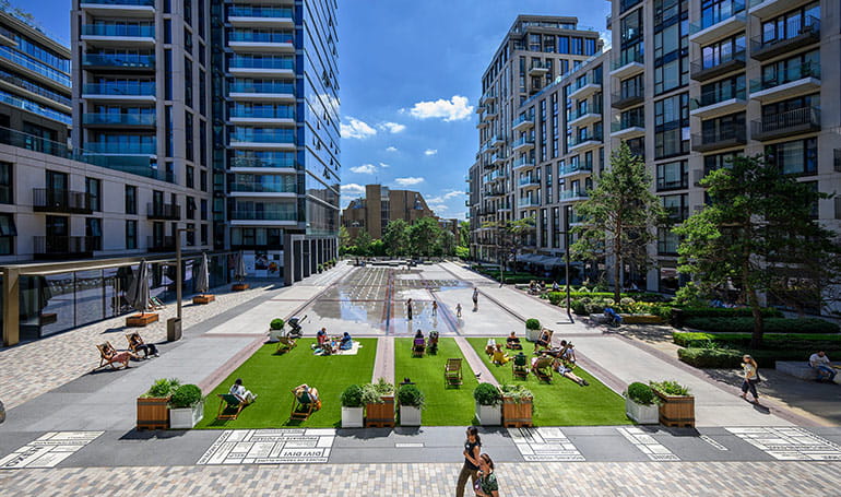 An exterior image of the Green Space available at London Dock
