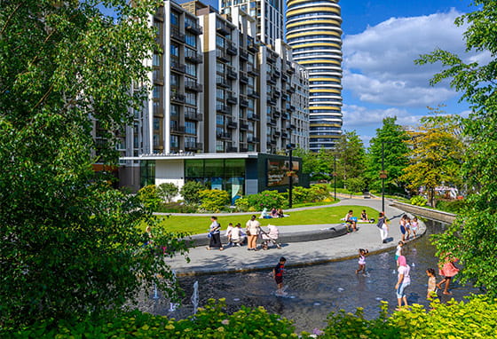 An exterior image of the green space available at White City Living