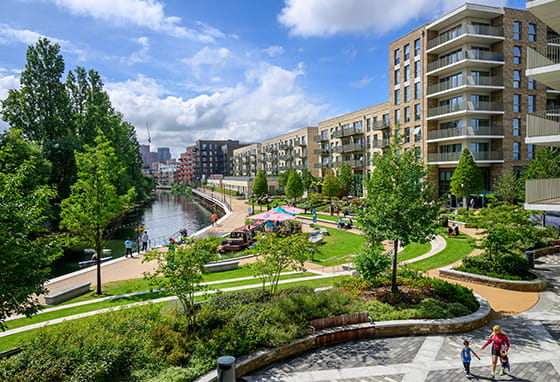 An exterior photograph of the canalside piazza at Grand Union