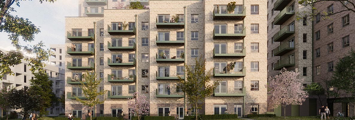 An exterior CGI of the New Building for Social Rent at Grand Union