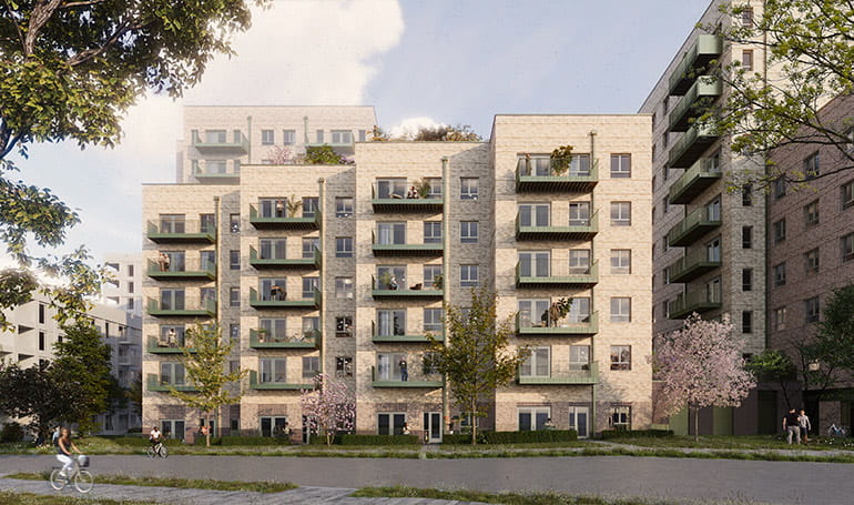 An exterior CGI of the New Building for Social Rent at Grand Union