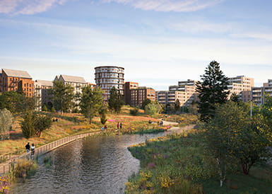 An exterior CGI of The Green Quarter development