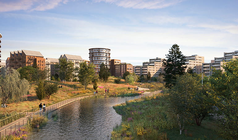 An exterior CGI of The Green Quarter development