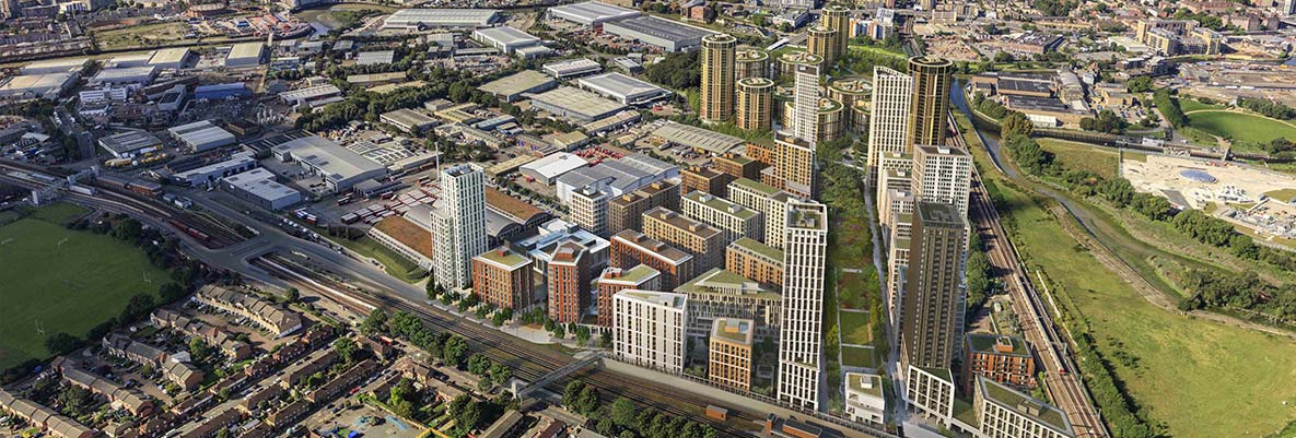 An aerial CGI of the TwelveTrees Park development