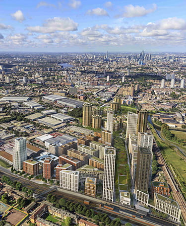 An aerial CGI of the TwelveTrees Park development