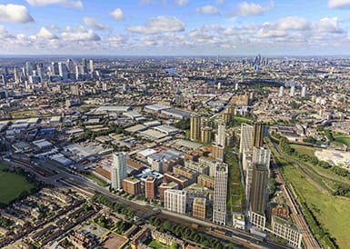 An aerial CGI of the TwelveTrees Park development