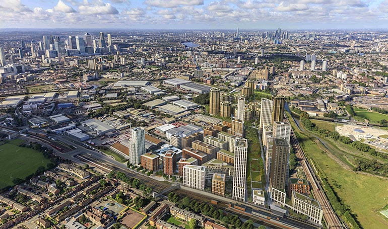 An aerial CGI of the TwelveTrees Park development