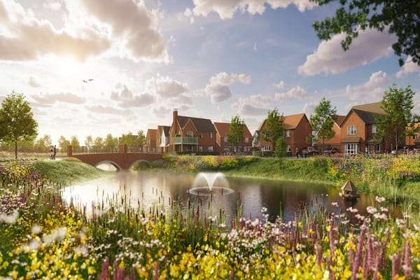 CGI of water feature surrounded by greenery against a backdrop of Eastbrook Village new build homes.