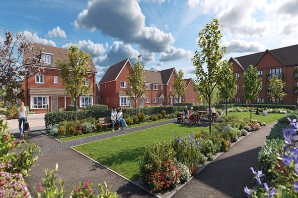CGI of Eastbrook Village new build homes and communal gardens.