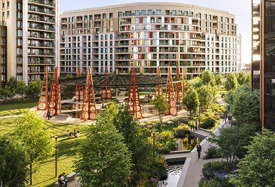 An exterior CGI of Kings Road Park with the Gasholder restored