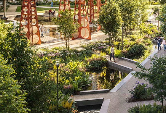 A CGI of the walkway past the Restored Gasholder