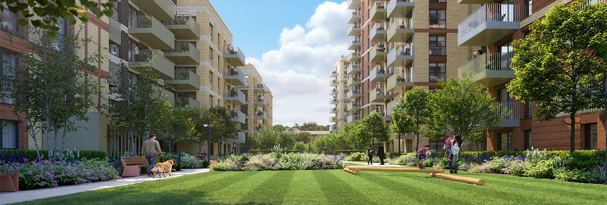 CGI of development exterior communal landscaped area between new build flats.