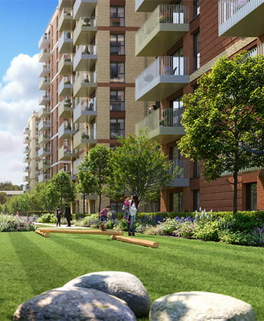 CGI of development exterior communal landscaped area between new build flats.