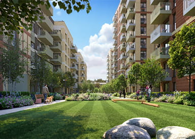 CGI of development exterior communal landscaped area between new build flats.