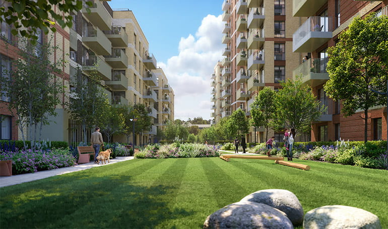 CGI of development exterior communal landscaped area between new build flats.